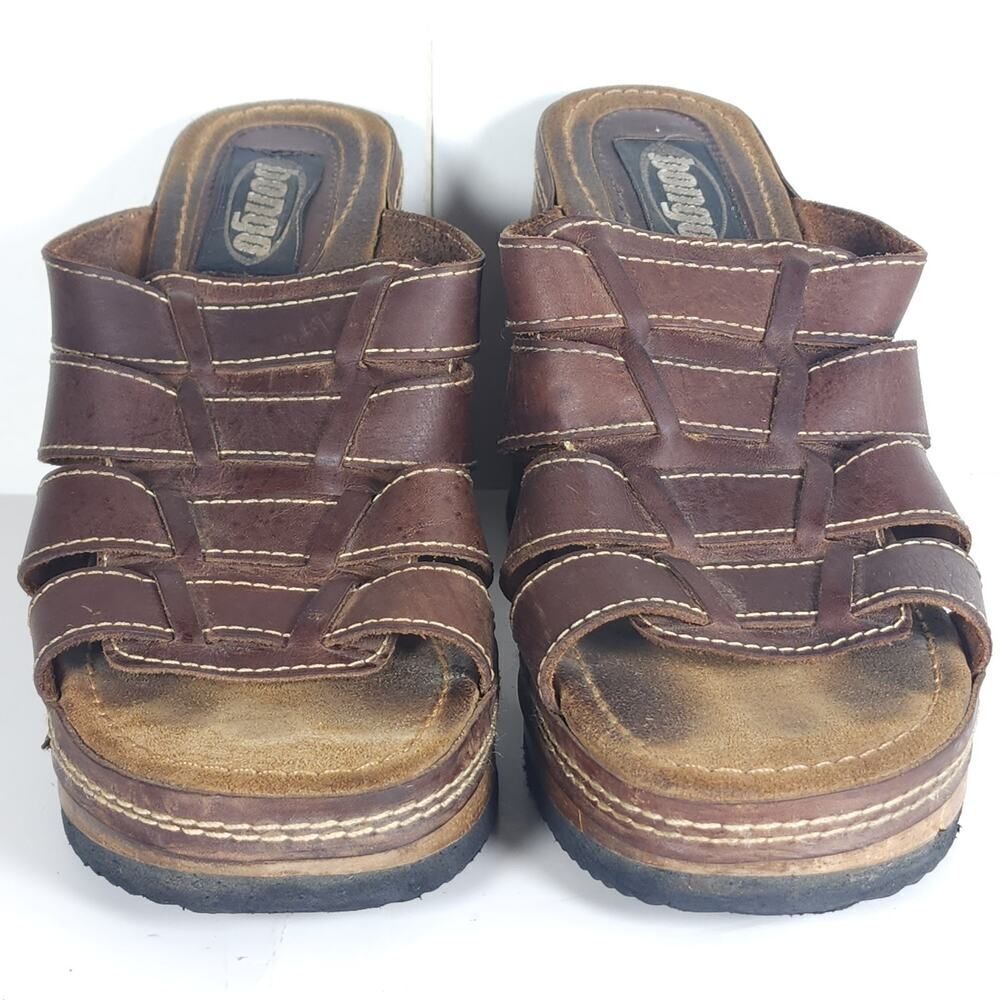 Bongo Women's Vintage 90s Y2K US10 Brown Leather Wooden Chunky Platform Sandals - Picture 5 of 16